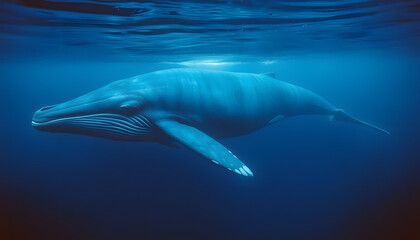 Fototapeta premium Powerful Blue Whale Gliding Through Tranquil Ocean Depths