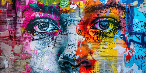 Collage of Eyes with Graffiti and Textured Paper