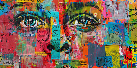 Collage Artwork with Two Eyes and Graffiti Text