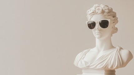 A marble bust of a woman wearing sunglasses against a beige wall.