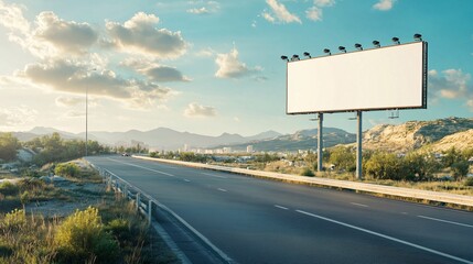 A tranquil landscape featuring a blank billboard along a deserted highway under a clear blue sky.