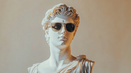 A marble bust of a man wearing sunglasses against a beige wall.