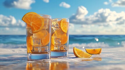 Two refreshing glasses of iced orange drink on a sunny beach, capturing the essence of summer relaxation.