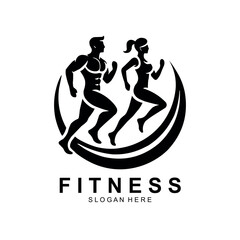 Fitness logo, Gym logo design template, with silhouettes of bodybuilders, vector illustration