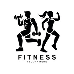 Fitness logo, Gym logo design template, with silhouettes of bodybuilders, vector illustration