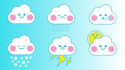 Set of cute weather icons manga kawaii with different emotions expression. Vector weather cartoon vidgets stickers set.