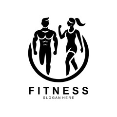 Fitness logo, Gym logo design template, with silhouettes of bodybuilders, vector illustration