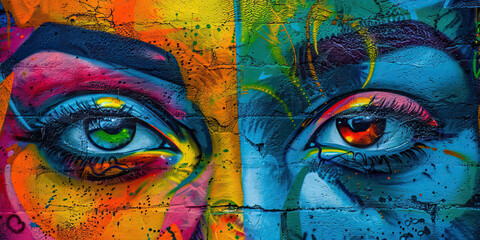 Graffiti Mural of Two Eyes on Brick Wall