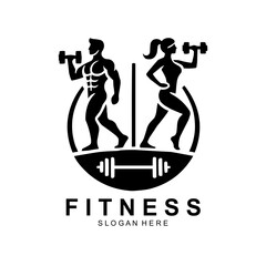 Fitness logo, Gym logo design template, with silhouettes of bodybuilders, vector illustration