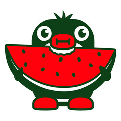 Penguin Eats Melon Fruit Delicious Hunger Bite Fun Design Lover Art Vector Illustration Card T-Shirt Poster Sticker Graphic Print Decorative Drawing Isolated Logo Decoration Symbol Creative Cool Styl