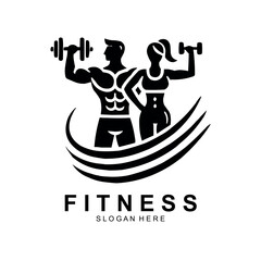 Fitness logo, Gym logo design template, with silhouettes of bodybuilders, vector illustration