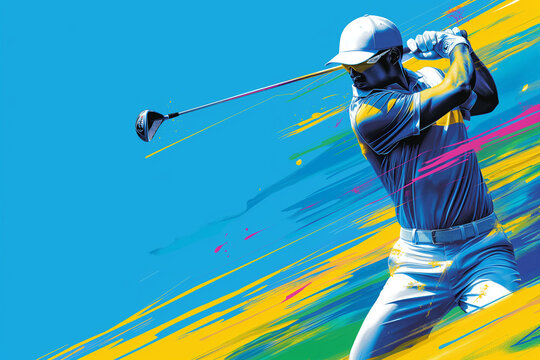 Abstract illustration of a golfer in action with full of energy against a vibrant color. Concept illustration.


