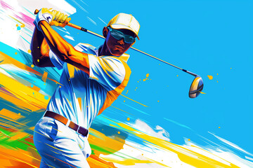 Abstract illustration of a golfer in action with full of energy against a vibrant color. Concept illustration.

