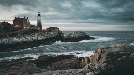 Waves crashing on rock formations just off coastline
