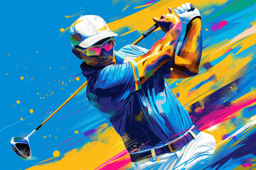 Abstract illustration of a golfer in action with full of energy against a vibrant color. Concept illustration.

