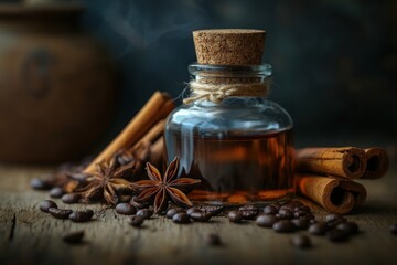 Aromatic cinnamon & coffee essential oil in glass bottle.