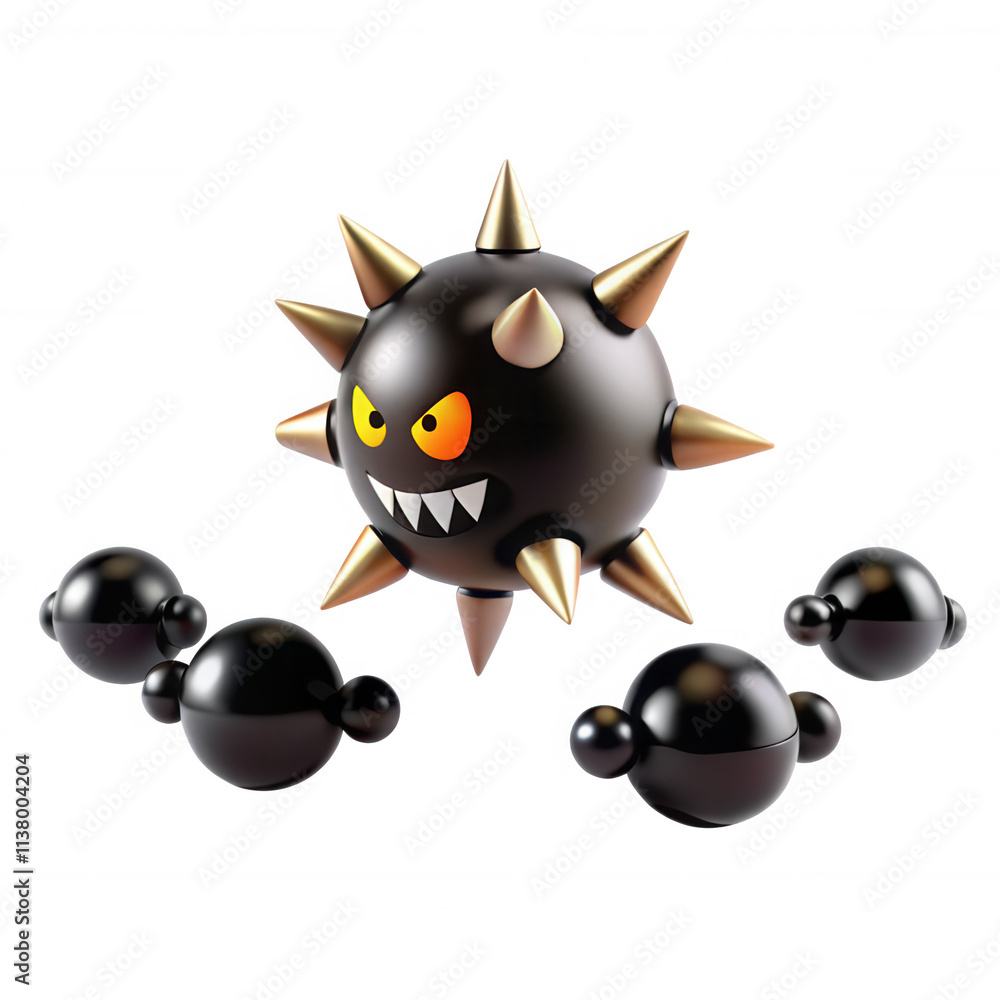 Poster this image showcases a 3d rendered spike ball character with menacing features, surrounded by smalle