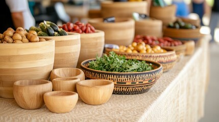 A vibrant marketplace showcasing local organic produce and eco-friendly products, bustling with activity and promoting sustainability in a lively community setting.