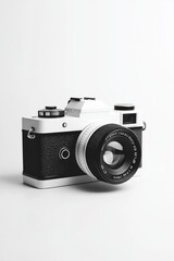 A classic white camera body with black details, captured in a minimalist style. 