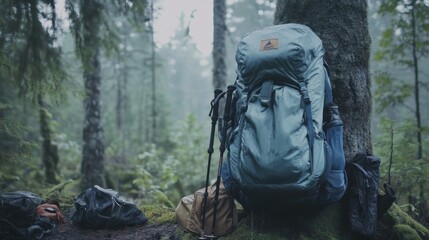 Forest Camping Scene with Backpack and Hiking Gear in Nature