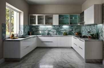 Fototapeta premium Modern Frosty White Indian Kitchen Design With Marble Backsplash