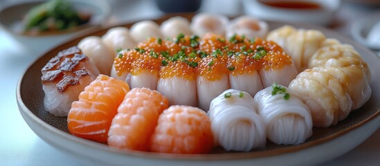 Assorted seafood dim sum platter with salmon, shrimp, and various sauces.