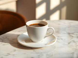 A hot cup of coffee on a table for breakfast