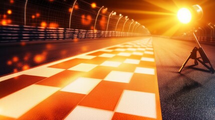 Dramatic Racing Finish Line at Night: Checkered Flag and Racing Track