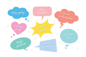 Cartoon speech bubbles, inspirational lettering phrases for teenagers. Social media, diary elements