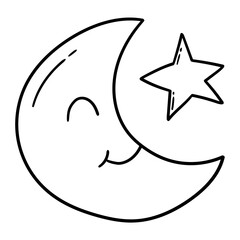 Hand drawn doodle sleeping moon and star on white background.