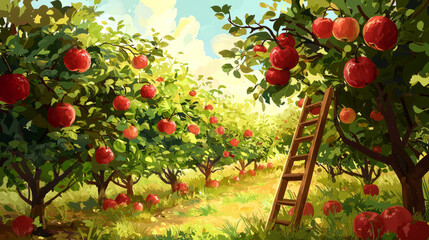 Beautiful sunny orchard with apple trees ready for harvest