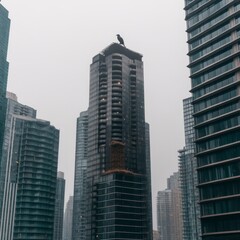 Fototapeta premium Urban Skyline with Crow Perched on Modern Building