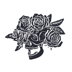 Hand drawn black silhouette floral human skull with rose wreath isolated on white background. Monochrome skeleton head with flowers design