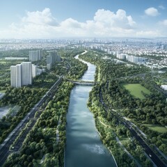 Fototapeta premium Urban Riverfront Development Aerial View Cityscape and Green Spaces