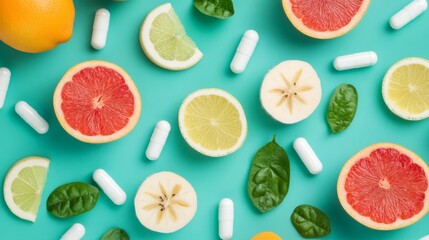 Obraz premium An artistic flat lay composition featuring vibrant fruits and vitamin supplements, blending natural elements with health and wellness concepts.