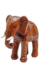 Fototapeta premium Wooden Elephant Figurine with Carved Patterns on Isolated Transparent Background