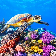 Obraz premium Vibrant Coral Reef with Majestic Sea Turtle Swimming