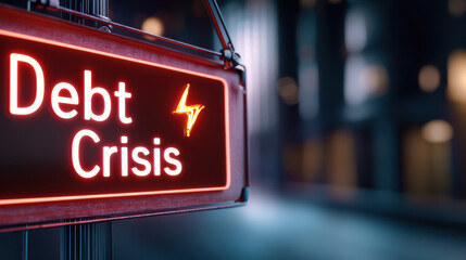 debt defaulting crisis concept. Debt crisis sign glowing in dark urban environment, symbolizing financial stress