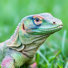 Fototapeta premium Vibrant Green Lizard in Lush Grassland Habitat
