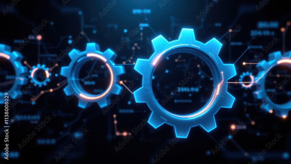 Poster high-tech representation of ci/cd pipelines with gears, nodes, and digital connectivity.