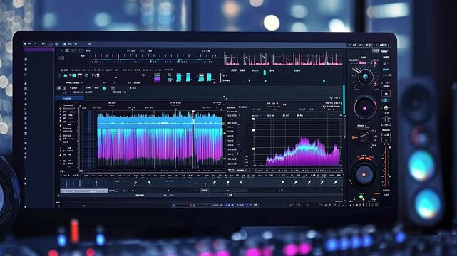 Audio Mixing Workstation: A close-up shot of a professional audio mixing software interface with a waveform and spectrum analyzer.