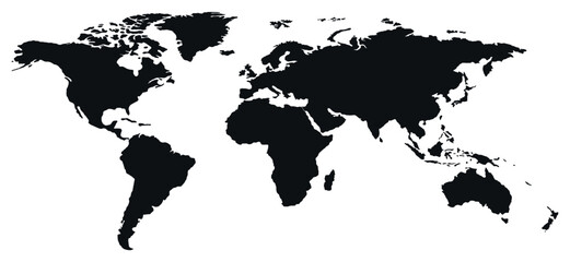 Vector big world black silhouette map on white background. World map template with continents. Simple detailed silhouette map