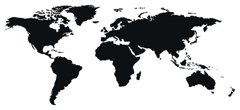 recommend clip art: Vector big world black silhouette map on white background. World map template with continents. Simple detailed silhouette map