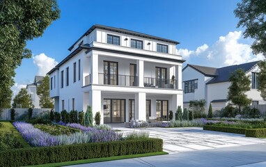 Fototapeta premium A high-quality 3D visualization of a modern white two-story home, displayed over architectural blueprints, with a landscaped garden in the background