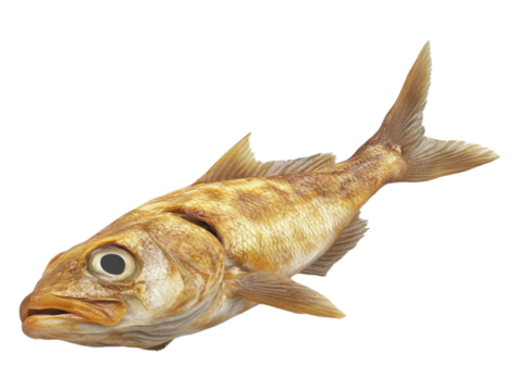 Fried fish displayed on a transparent background, ideal for seafood-related visuals, culinary designs, or restaurant menus.