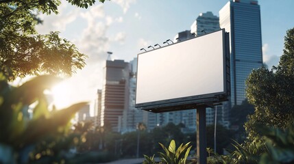 Fototapeta premium A blank billboard stands tall amidst a city skyline at sunset, surrounded by lush greenery.