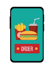 Ordering Fast Food on Smartphone Flat Style. Food and drinks concept vector art