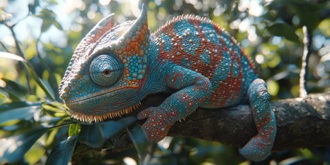 Vibrant Chameleon on Branch Exotic Reptile Jungle Wildlife