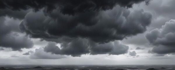 Obraz premium Grey rain clouds suspended in a dull grey sky with low hanging clouds and heavy precipitation , atmospheric conditions, foggy sky, wet weather