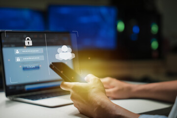 Login screen, Cybersecurity and privacy concepts to protect data. Lock icon and internet network...